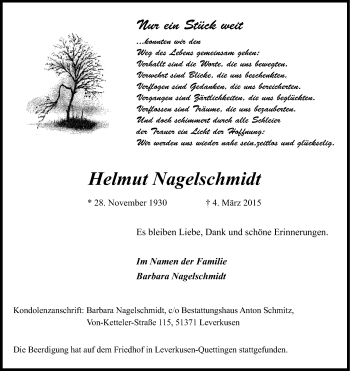 Anzeige von Helmut Nagelschmidt von Kölner Stadt-Anzeiger / Kölnische Rundschau / Express