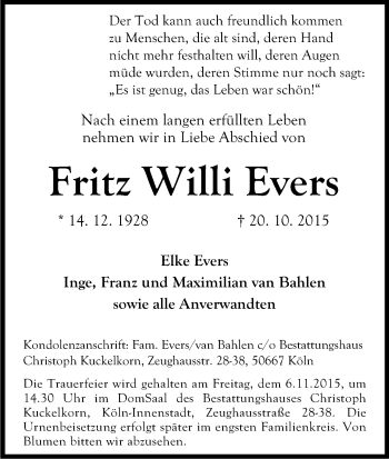 Anzeige von Fritz Willi Evers von Kölner Stadt-Anzeiger / Kölnische Rundschau / Express