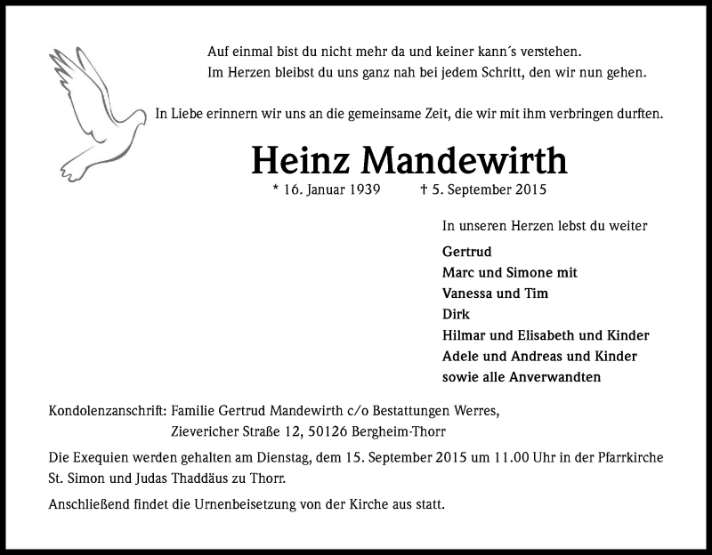  Traueranzeige für Heinz Mandewirth vom 10.09.2015 aus Kölner Stadt-Anzeiger / Kölnische Rundschau / Express