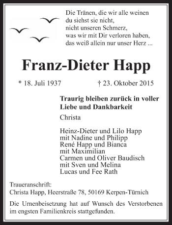 Anzeige von Franz-Dieter Happ von  Sonntags-Post 
