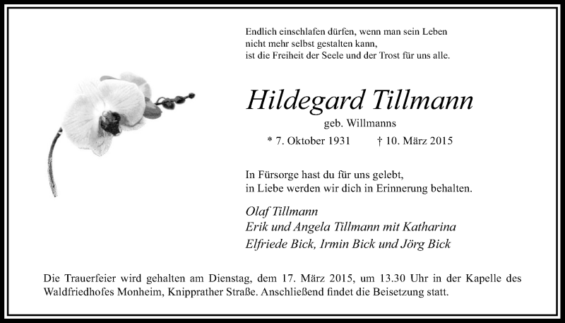  Traueranzeige für Hildegard Tillmann vom 14.03.2015 aus  Leverkusener Wochenende 
