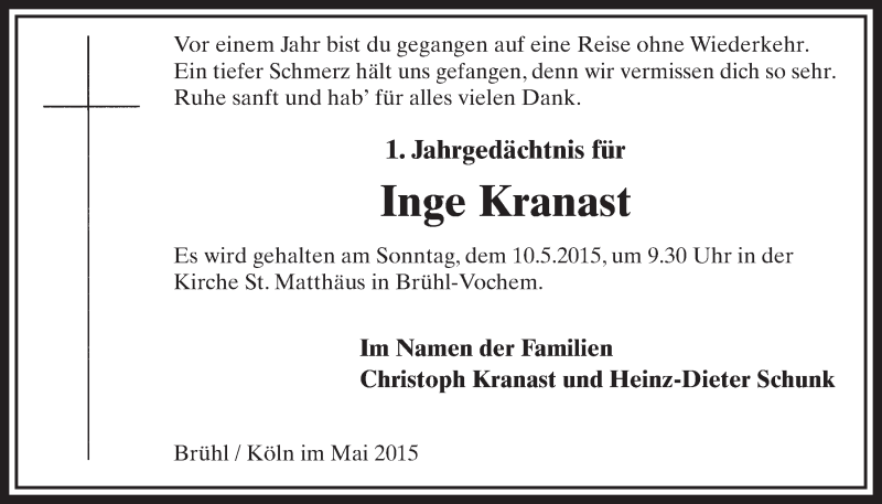  Traueranzeige für Inge Kranast vom 06.05.2015 aus  Schlossbote/Werbekurier 