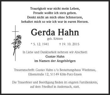 Anzeige von Gerda Hahn von  Kölner Wochenspiegel 