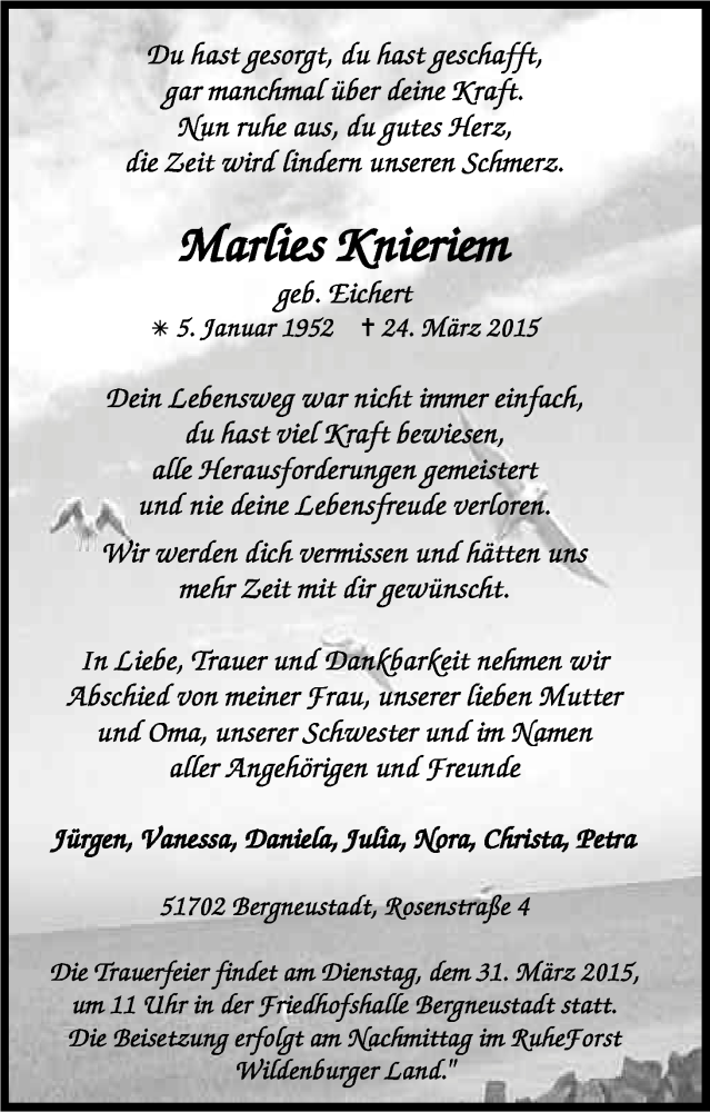  Traueranzeige für Marlies Knieriem vom 28.03.2015 aus Kölner Stadt-Anzeiger / Kölnische Rundschau / Express