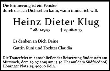 Anzeige von Heinz Dieter Klug von Kölner Stadt-Anzeiger / Kölnische Rundschau / Express