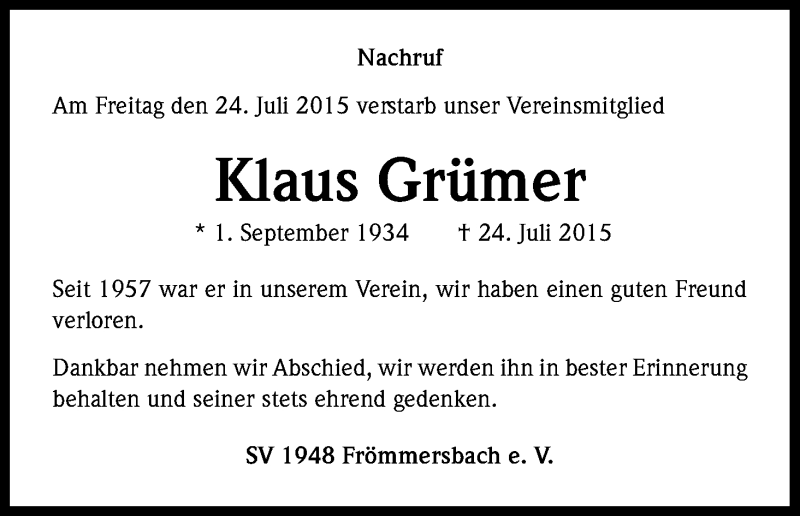  Traueranzeige für Klaus Grümer vom 31.07.2015 aus Kölner Stadt-Anzeiger / Kölnische Rundschau / Express