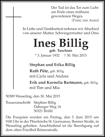Anzeige von Ines Billig von  Schlossbote/Werbekurier 