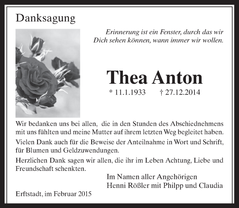  Traueranzeige für Thea Anton vom 18.02.2015 aus  Werbepost 