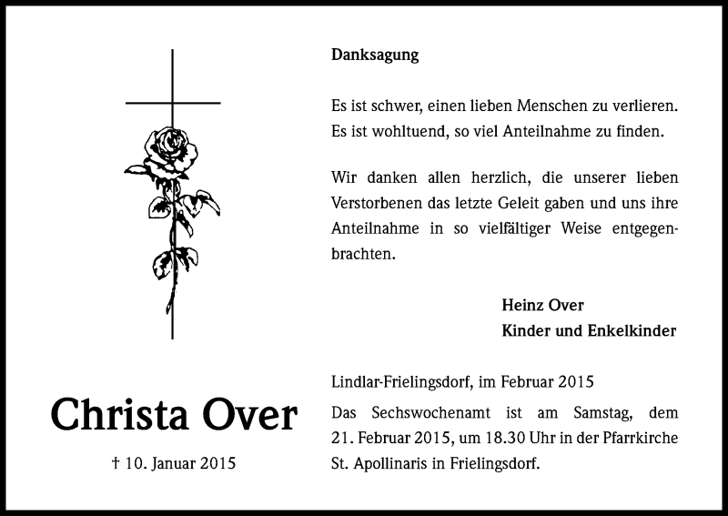  Traueranzeige für Christa Over vom 14.02.2015 aus Kölner Stadt-Anzeiger / Kölnische Rundschau / Express