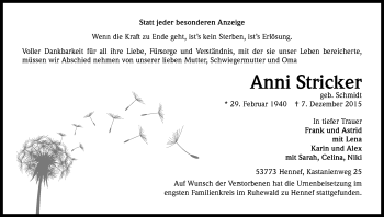 Anzeige von Anni Stricker von Kölner Stadt-Anzeiger / Kölnische Rundschau / Express
