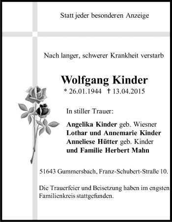 Anzeige von Wolfgang Kinder von Kölner Stadt-Anzeiger / Kölnische Rundschau / Express