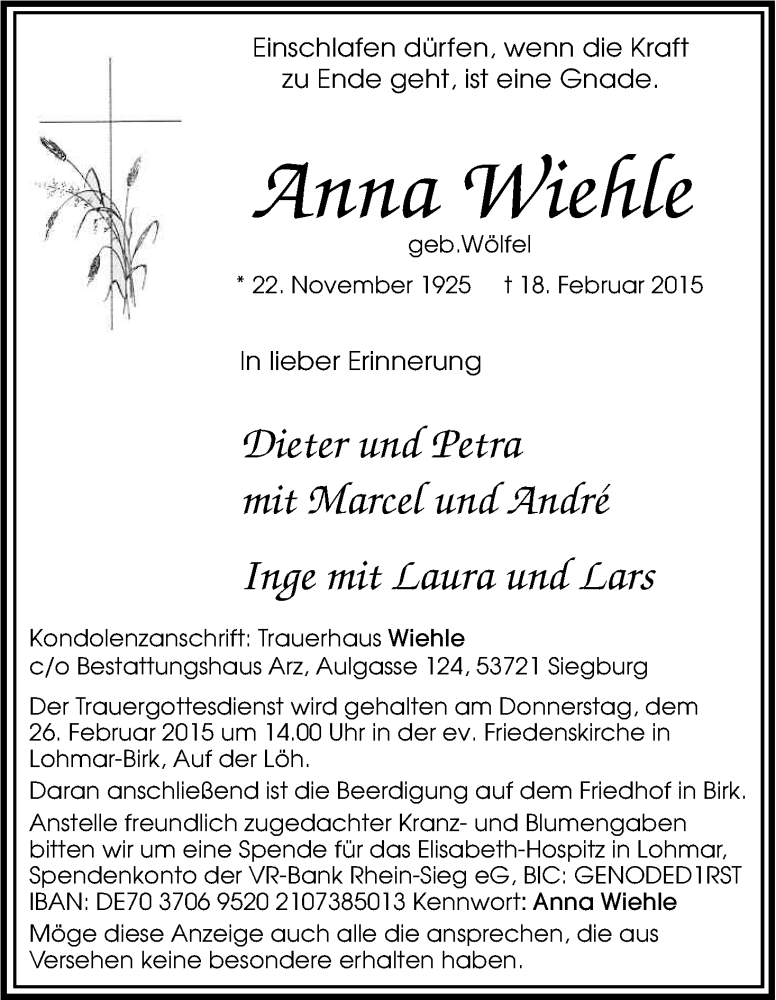  Traueranzeige für Anna Wiehle vom 23.02.2015 aus Kölner Stadt-Anzeiger / Kölnische Rundschau / Express