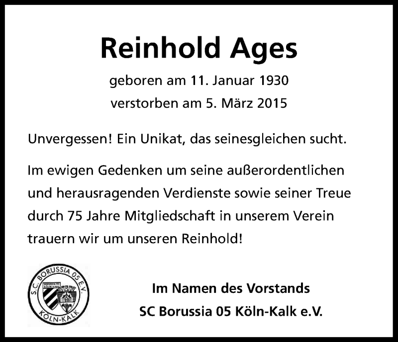  Traueranzeige für Reinhold Ages vom 14.03.2015 aus Kölner Stadt-Anzeiger / Kölnische Rundschau / Express