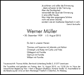 Anzeige von Werner Müller von Kölner Stadt-Anzeiger / Kölnische Rundschau / Express