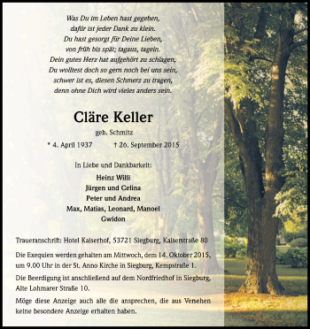 Anzeige von Cläre Keller von Kölner Stadt-Anzeiger / Kölnische Rundschau / Express