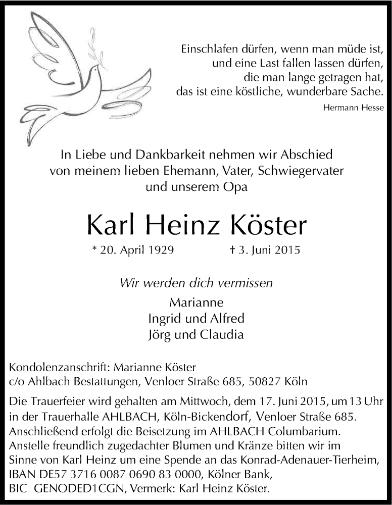  Traueranzeige für Karl Heinz Köster vom 13.06.2015 aus Kölner Stadt-Anzeiger / Kölnische Rundschau / Express