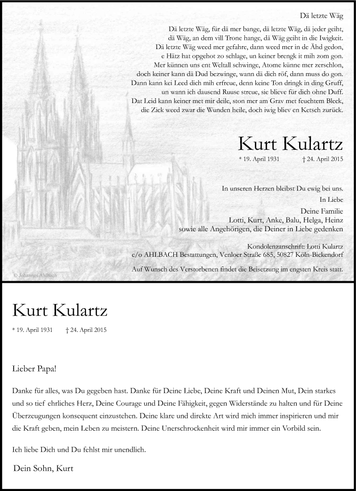  Traueranzeige für Kurt Kulartz vom 02.05.2015 aus Kölner Stadt-Anzeiger / Kölnische Rundschau / Express
