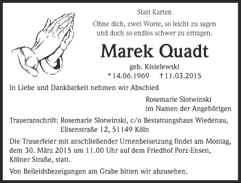 Anzeige von Marek Quadt von  Kölner Wochenspiegel 