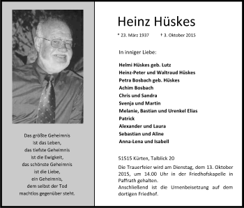 Anzeige von Heinz Hüskes von Kölner Stadt-Anzeiger / Kölnische Rundschau / Express