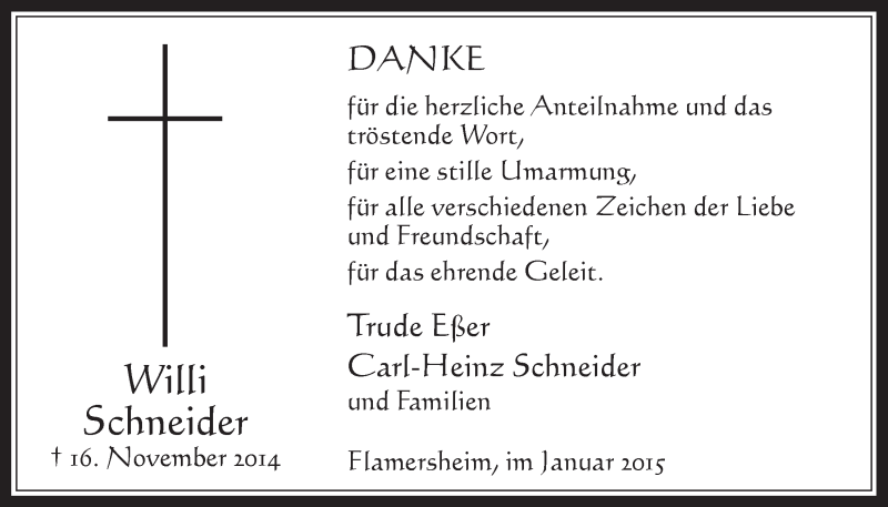  Traueranzeige für Willi Schneider vom 28.01.2015 aus  Schaufenster/Blickpunkt 