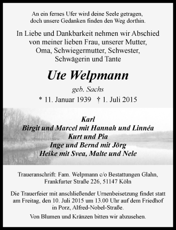 Anzeige von Ute Welpmann von  Kölner Wochenspiegel 