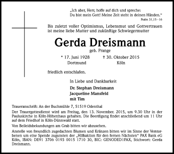 Anzeige von Gerda Dreismann von Kölner Stadt-Anzeiger / Kölnische Rundschau / Express