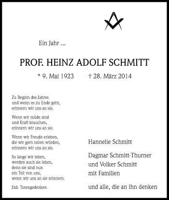 Anzeige von Heinz Adolf Schmitt von Kölner Stadt-Anzeiger / Kölnische Rundschau / Express