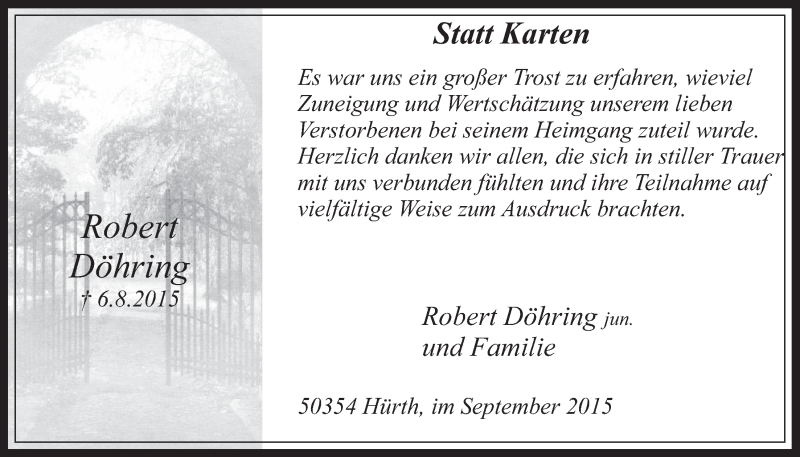 Traueranzeige für Robert Döhring vom 09.09.2015 aus  Wochenende 