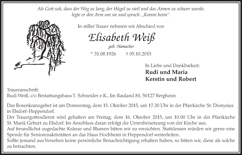  Traueranzeige für Elisabeth Weiß vom 10.10.2015 aus  Sonntags-Post 