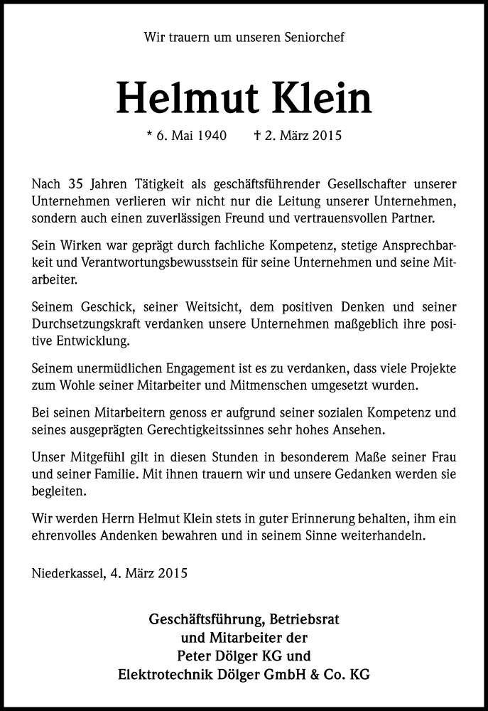  Traueranzeige für Helmut Klein vom 07.03.2015 aus Kölner Stadt-Anzeiger / Kölnische Rundschau / Express