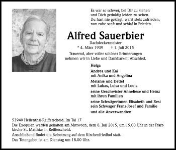 Anzeige von Alfred Sauerbier von Kölner Stadt-Anzeiger / Kölnische Rundschau / Express