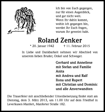 Anzeige von Roland Zenker von Kölner Stadt-Anzeiger / Kölnische Rundschau / Express