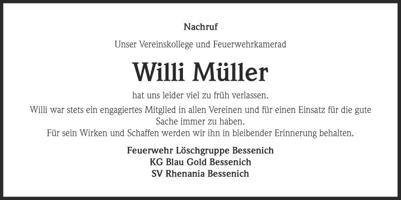  Traueranzeige für Willi Müller vom 04.10.2015 aus  Blickpunkt Euskirchen 