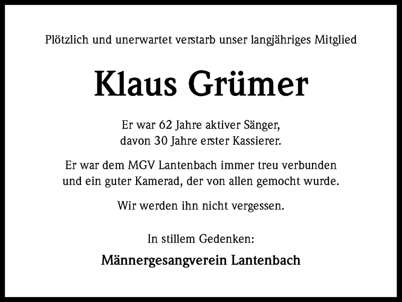  Traueranzeige für Klaus Grümer vom 30.07.2015 aus Kölner Stadt-Anzeiger / Kölnische Rundschau / Express