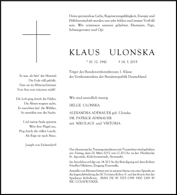 Anzeige von Klaus Ulonska von Kölner Stadt-Anzeiger / Kölnische Rundschau / Express