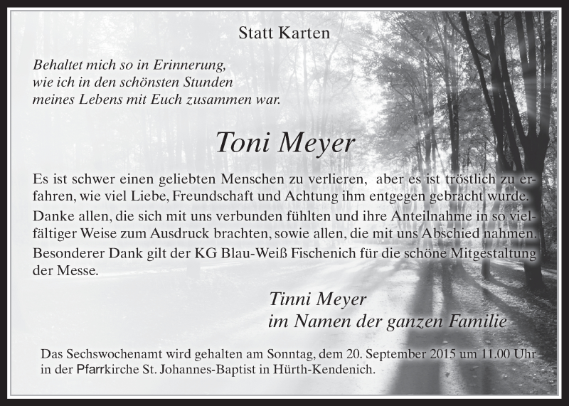  Traueranzeige für Toni Meyer vom 02.09.2015 aus  Wochenende 