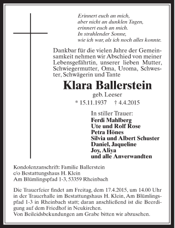 Anzeige von Klara Ballerstein von  Schaufenster/Blickpunkt 