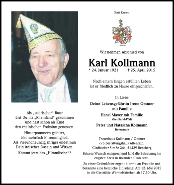 Anzeige von Karl Kollmann von Kölner Stadt-Anzeiger / Kölnische Rundschau / Express