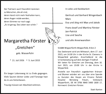 Anzeige von Margaretha Förster von Kölner Stadt-Anzeiger / Kölnische Rundschau / Express