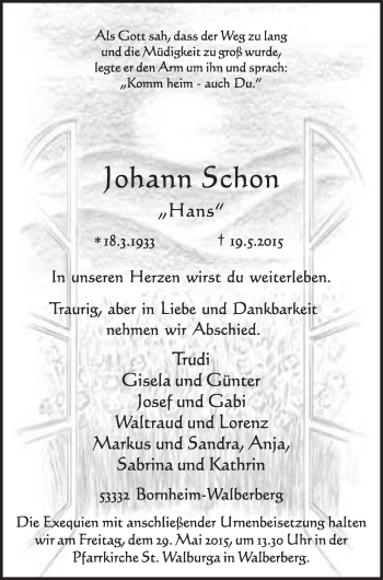 Anzeige von Johann Schon von  Schlossbote/Werbekurier 