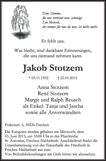 Anzeige von Jakob Stotzem von  Sonntags-Post 