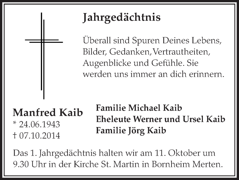  Traueranzeige für Manfred Kaib vom 07.10.2015 aus  Schlossbote/Werbekurier 