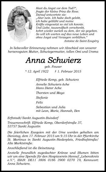 Anzeige von Anna Schwierz von Kölner Stadt-Anzeiger / Kölnische Rundschau / Express
