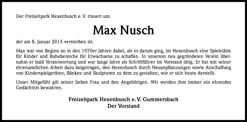  Traueranzeige für Max Nusch vom 27.01.2015 aus Kölner Stadt-Anzeiger / Kölnische Rundschau / Express