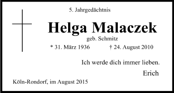 Anzeige von Helga Malaczek von Kölner Stadt-Anzeiger / Kölnische Rundschau / Express