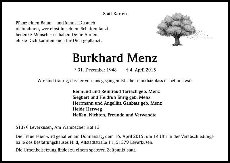  Traueranzeige für Burkhard Menz vom 13.04.2015 aus Kölner Stadt-Anzeiger / Kölnische Rundschau / Express