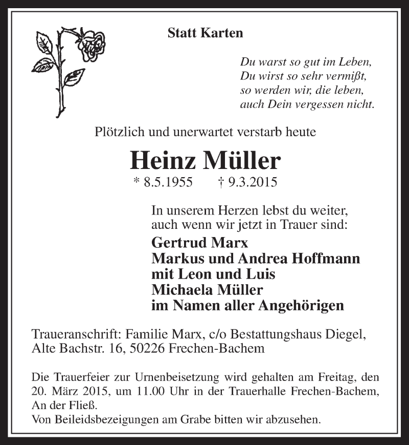  Traueranzeige für Heinz Müller vom 18.03.2015 aus  Wochenende 