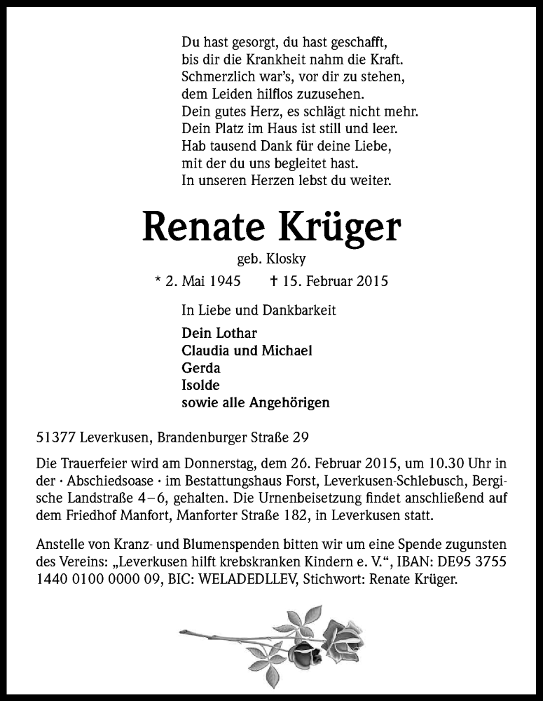 Traueranzeige für Renate Krüger vom 23.02.2015 aus Kölner Stadt-Anzeiger / Kölnische Rundschau / Express