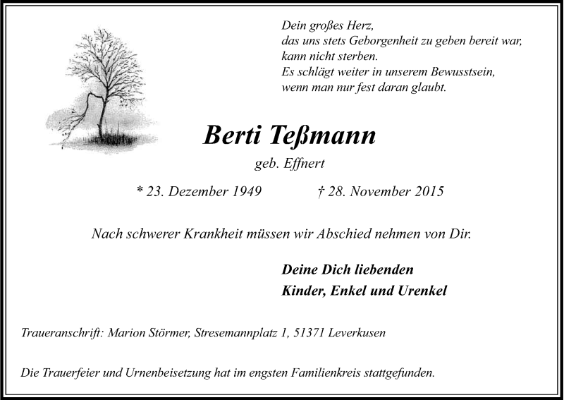  Traueranzeige für Berti Teßmann vom 17.12.2015 aus Kölner Stadt-Anzeiger / Kölnische Rundschau / Express