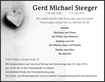 Anzeige von Gerd Michael Steeger von  Blickpunkt Euskirchen 